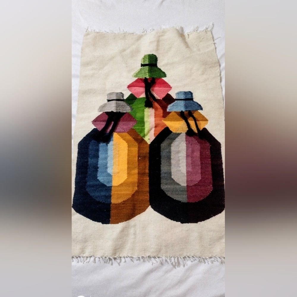 Hand woven unframed Peruvian cholitas tapestry long cross stitch needle work